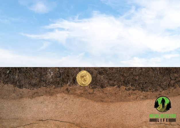 A coin that is hidden by sedimentation of aeolian sand. 