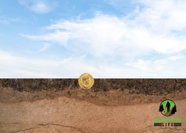 A coin that is placed at the surface of a field. 