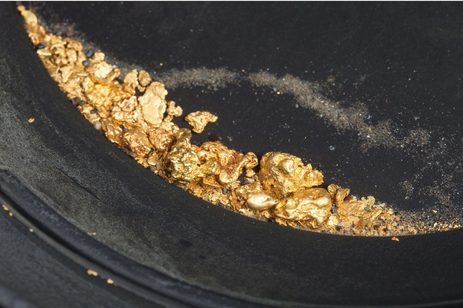 Gold in a gold pan. If you are lucky, you can find gold with a metal detector. 