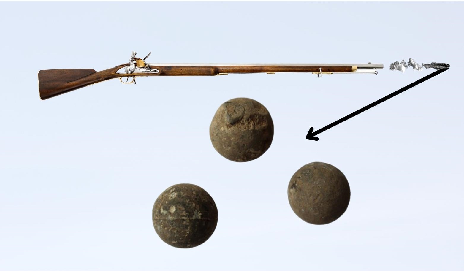 A musket with three musket balls. These musket balls are also called musket bullets and you can find these balls with your metal detector. 